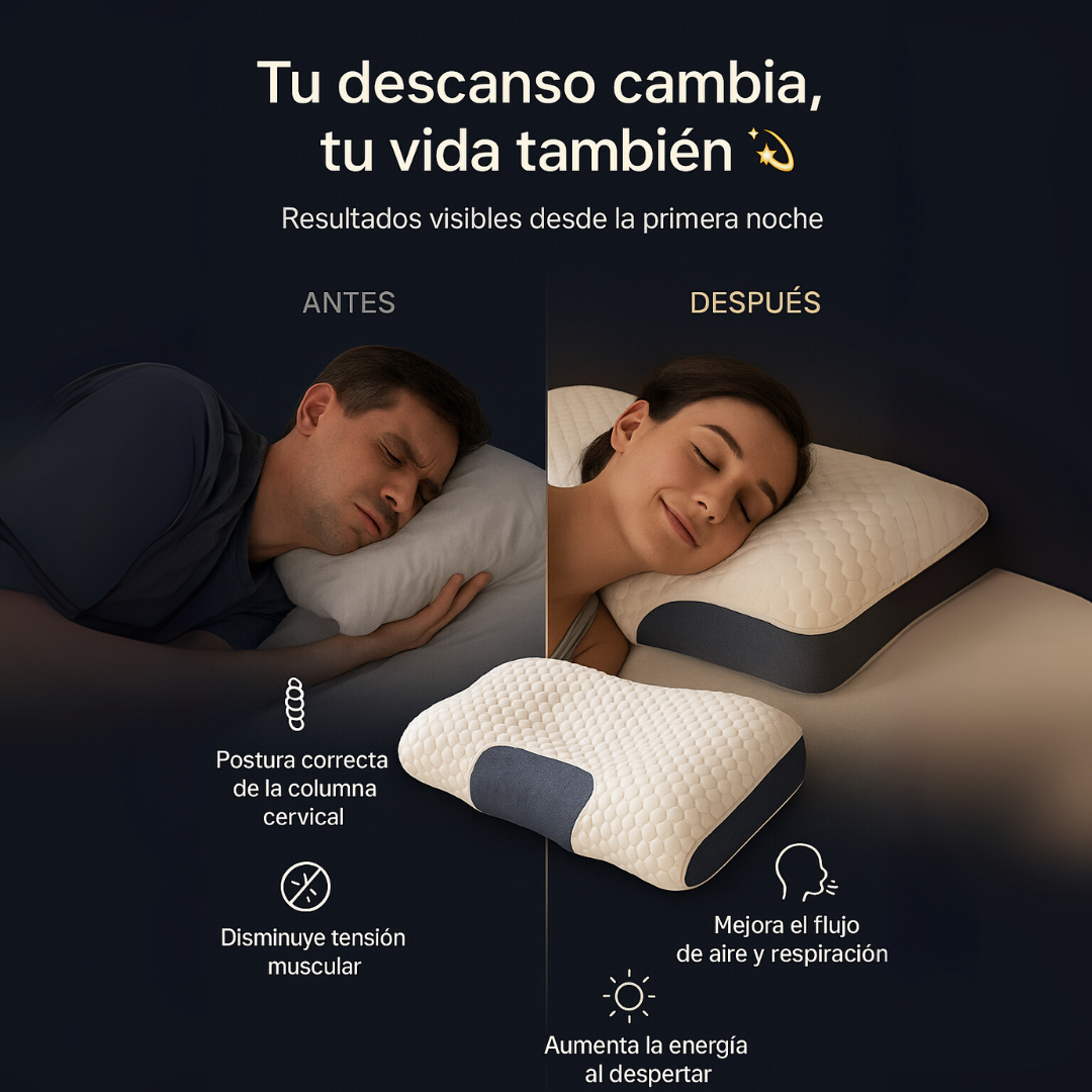 Almohada CerviLux™ — Corrige tu postura, alivia el dolor y transforma tus noches de sueño.
