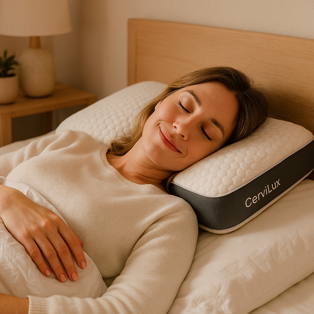 Almohada CerviLux™ — Corrige tu postura, alivia el dolor y transforma tus noches de sueño.
