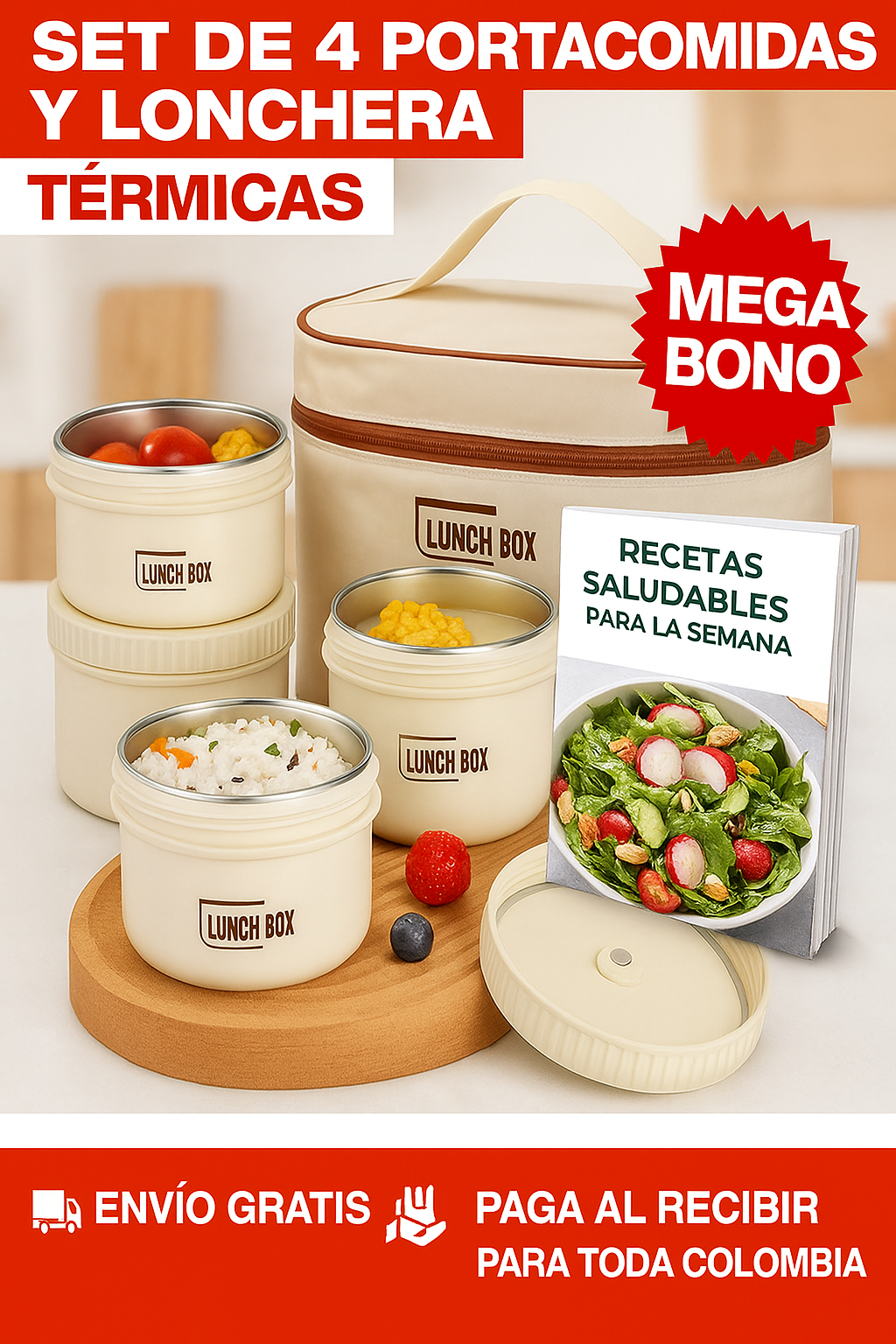 🍱 X4 Portacomidas Práctico y Moderno con Lonchera Térmica + 🎁 Regalo Exclusivo: Ebook Saludable – Comidas Frescas y Organizadas Siempre